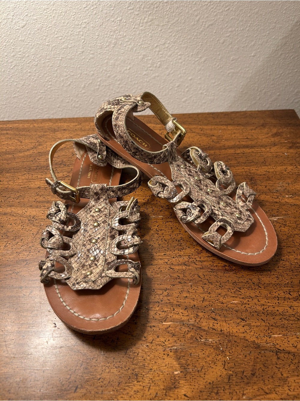 Coach Beige Snakeskin-Effect Gladiator Sandals with Gold Buckles